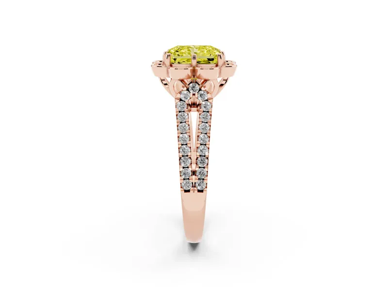 Radiant Cut Floral Halo Engagement Ring Setting for a Fancy Yellow Lab-Grown Diamond | Pavé Split Shank | Rose Gold