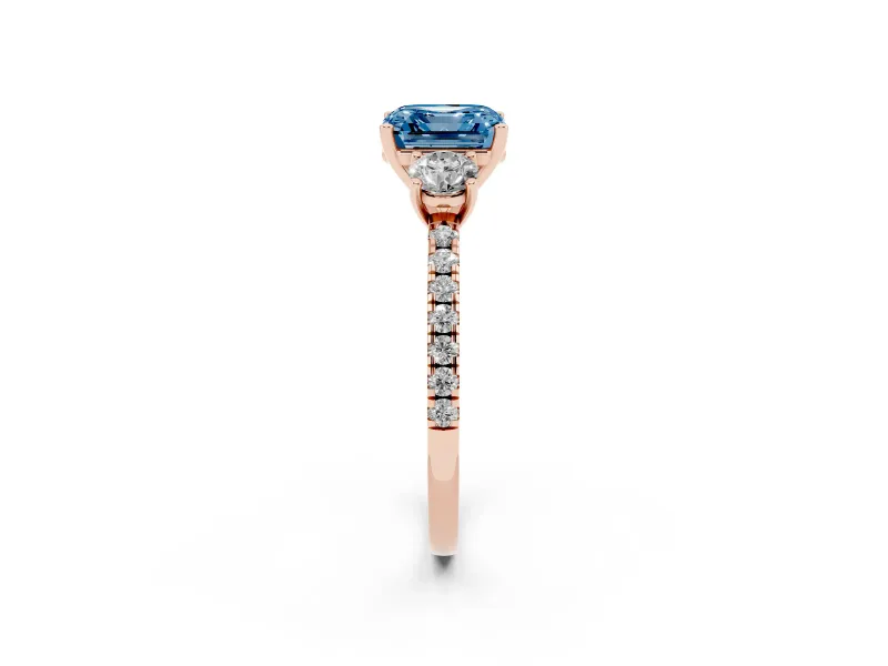 Asscher Cut Three Stone Engagement Ring Setting for a Fancy Blue Lab-Grown Diamond | Pave Shoulders | Rose Gold