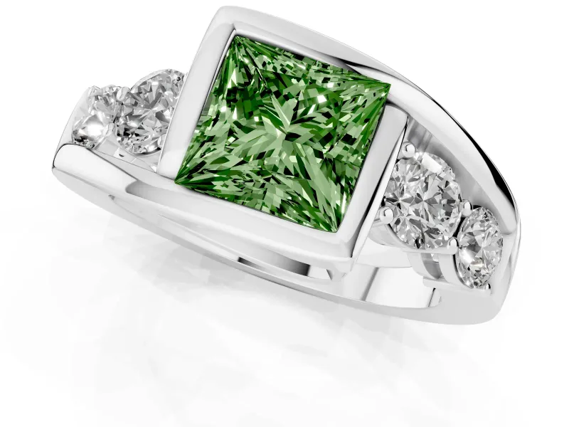 Fancy Green Princess Cut Diamond Bezel Bypass Ring Set in Platinum with Round Accents