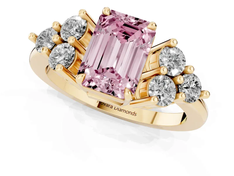 Fancy Pink Emerald Cut Diamond Solitaire Ring Set in Yellow gold with Cluster Accents on Each Side