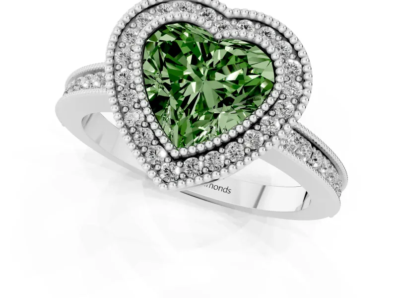 Fancy Green Heart Cut Diamond Halo Ring Set in Platinum with Pavé Band and Milgrain-Edged Prongs
