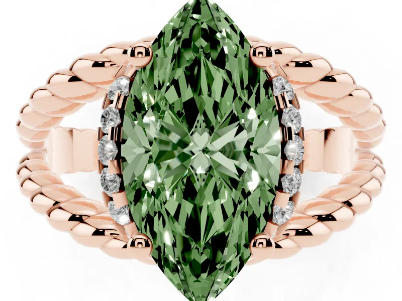 Fancy Green Marquise Cut Diamond Halo Ring Set in Rose gold with Twisted Band and Prong Setting