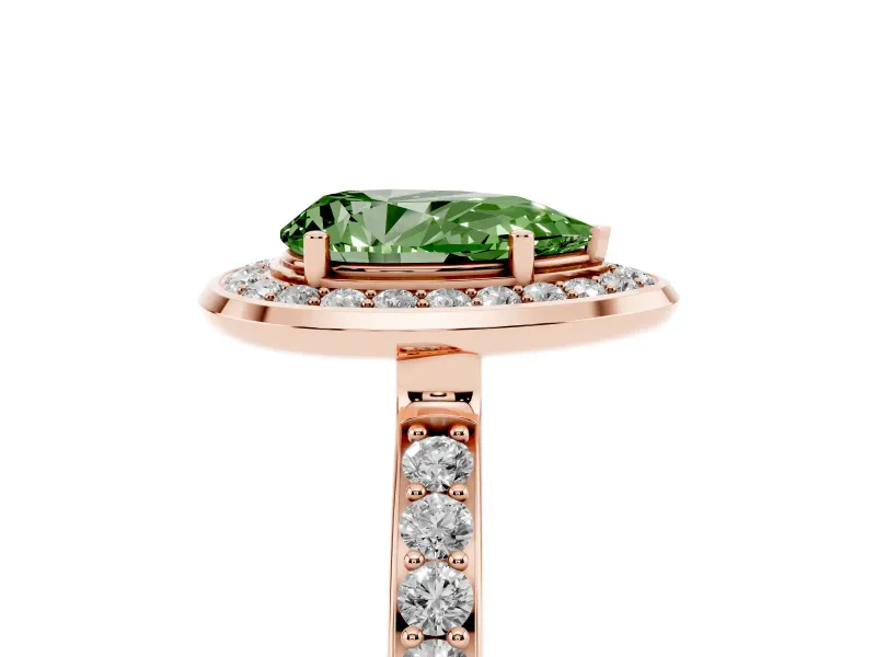 Fancy Green Pear Cut Diamond Halo Ring Set in Rose gold with Bezel Frame and Pavé Band