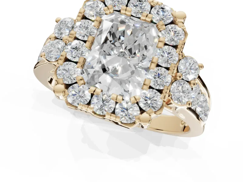 Radiant Cut Halo Side Cluster Engagement Ring Setting | Graduated Channel Band | Yellow Gold