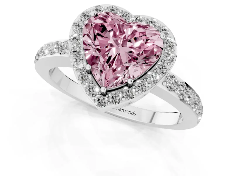 Fancy Pink Heart Cut Diamond Halo Ring Set in White gold with Pavé-Setting Band and Open Prong Center