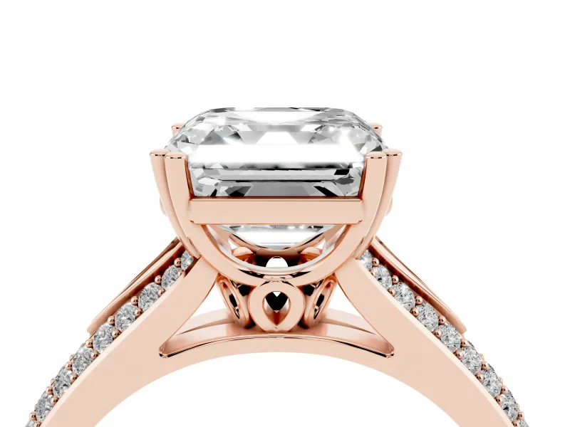 Asscher Cut Pave Split Shank Engagement Ring Setting | Double Claw Prongs | Rose Gold