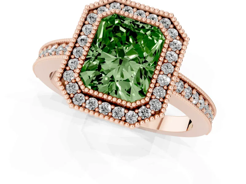 Fancy Green Radiant Cut Diamond Halo Engagement Ring Set in Rose gold with Pavé Band and Round Halo Stones