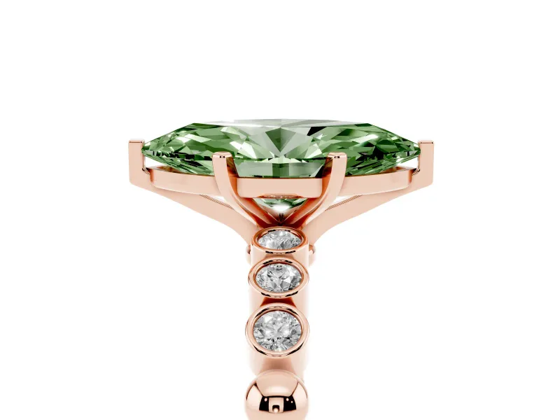 Fancy Green Marquise Cut Diamond Solitaire Engagement Ring Set in Rose gold with Bezel Accents on Beaded Band