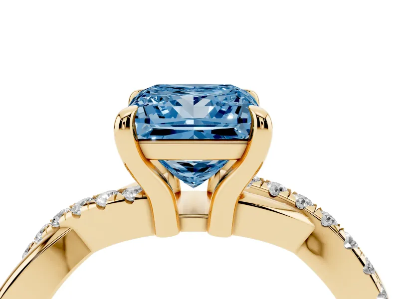 Fancy Blue Princess Cut Diamond Twist Band Solitaire Set in Yellow gold with Pavé Accents and Prong Setting