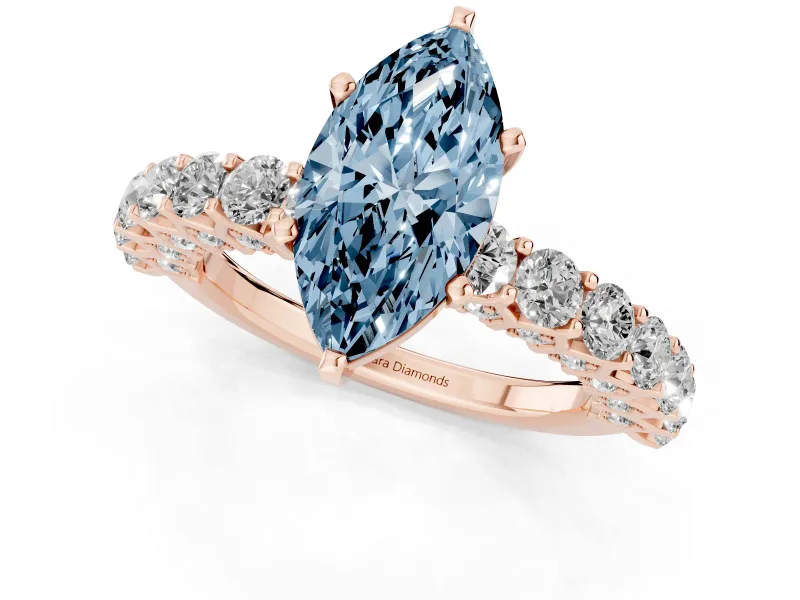Fancy Blue Marquise Cut Diamond Solitaire Ring Set in Rose gold with Shared Prong Pavé Band
