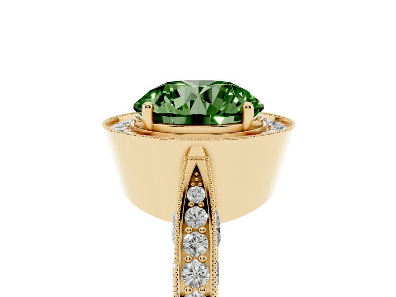 Round Milgrain Halo Engagement Ring Setting for a Fancy Green Lab-Grown Diamond | Side Stones | Yellow Gold