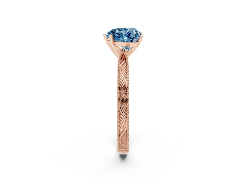 Fancy Blue Heart Cut Diamond Solitaire Milgrain Engraved Band Set in Rose gold with Prong Setting