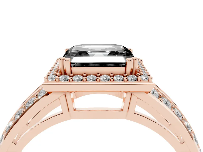 Asscher Cut Halo Engagement Ring Setting for a Black Center | Two-Row Pavé Split Shank | Rose Gold