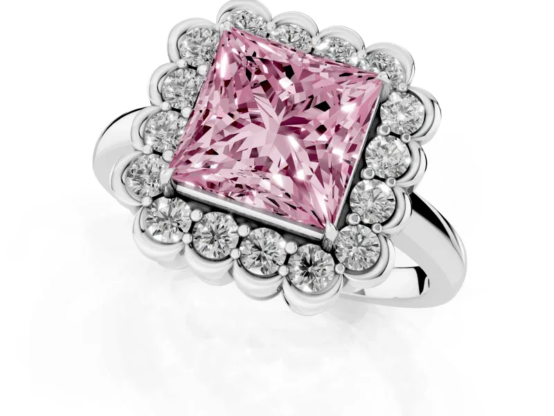 Princess Cut Scalloped Cluster Halo Engagement Ring Setting for a Fancy Pink Lab-Grown Diamond | Plain Band | Platinum