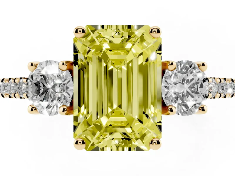 Emerald Cut Three Stone Engagement Ring Setting for a Fancy Yellow Lab-Grown Diamond | Pave Shoulders | Yellow Gold