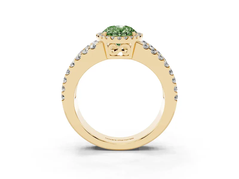 Fancy Green Oval Cut Diamond Halo Ring Set in Yellow gold with Pavé Split Shank and Prong Setting