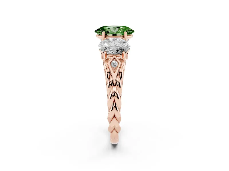 Fancy Green Oval Cut Diamond Three-Stone Ring Set in Rose gold with Braided Band