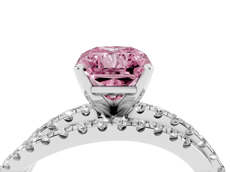 Fancy Pink Radiant Cut Diamond Solitaire Twist Band Ring Set in Silver with Pavé Setting and Prong Head