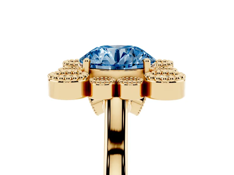 Round Milgrain Cluster Halo Engagement Ring Setting for a Fancy Blue Lab-Grown Diamond | Plain Band | Yellow Gold