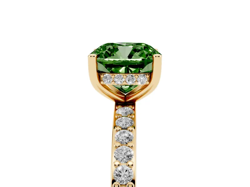 Fancy Green Cushion Cut Diamond Pavé Band Ring Set in Yellow gold with Prong-Set Center Stone
