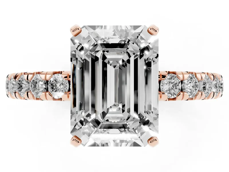 Emerald Cut Pavé Solitaire Engagement Ring Setting | Shared Prong Band | Rose Gold