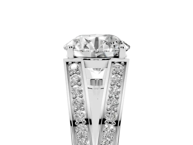Round Cut Diamond Split Shank Ring Set in Platinum with Pavé Band and Prong Setting