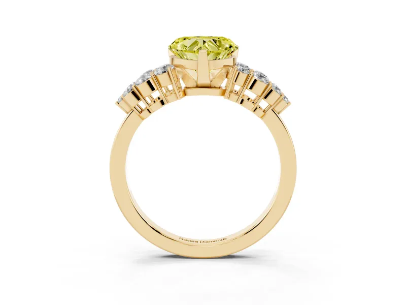 Fancy Yellow Heart Cut Diamond Cluster Engagement Ring Set in Yellow gold with Pavé Band and Prong Setting