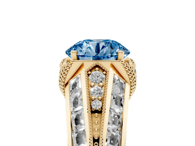 Round Vintage Milgrain Engagement Ring Setting for a Fancy Blue Lab-Grown Diamond | Hidden Halo | Yellow Gold