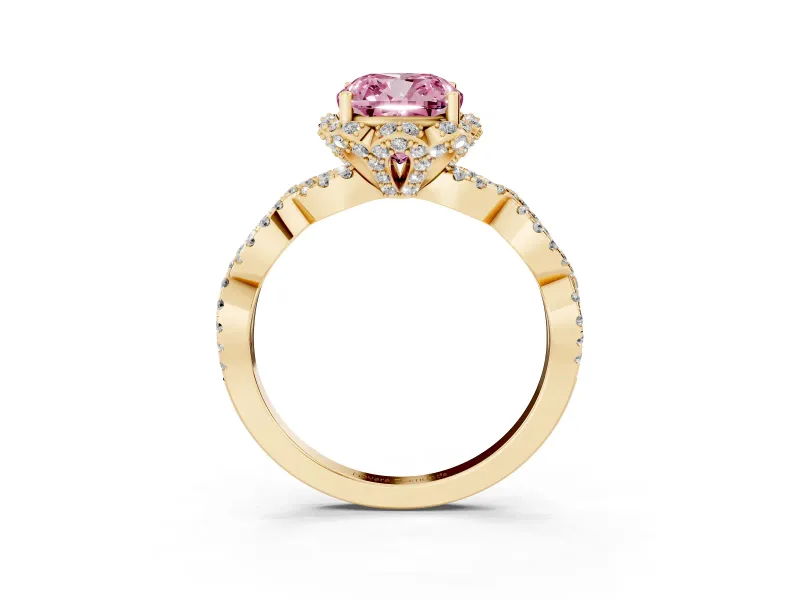Cushion Cut Milgrain Halo Engagement Ring Setting for a Fancy Pink Lab-Grown Diamond | Graduated Shoulders | Yellow Gold