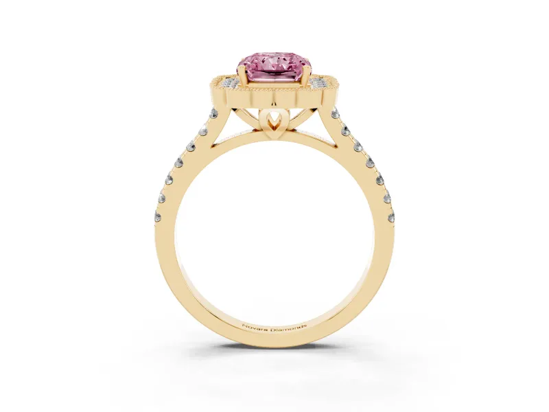Radiant Cut Milgrain Floral Halo Engagement Ring Setting for a Fancy Pink Lab-Grown Diamond | Pavé Band | Yellow Gold