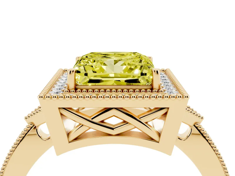 Fancy Yellow Princess Cut Diamond Halo Engagement Ring Set in Yellow gold with Milgrain Pavé Band