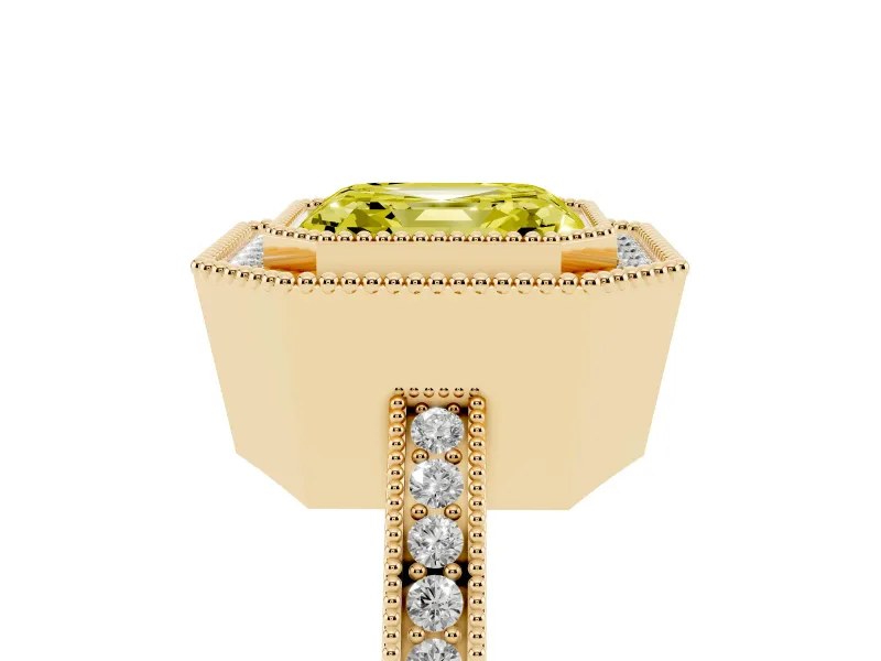 Fancy Yellow Asscher Cut Diamond Halo Ring Set in Yellow gold with Pavé Band and Milgrain-Edged Prongs
