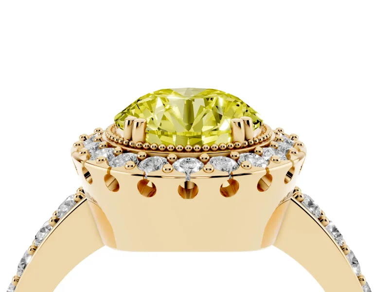 Round Vintage Milgrain Halo Engagement Ring Setting for a Fancy Yellow Lab-Grown Diamond | Pierced Gallery | Yellow Gold