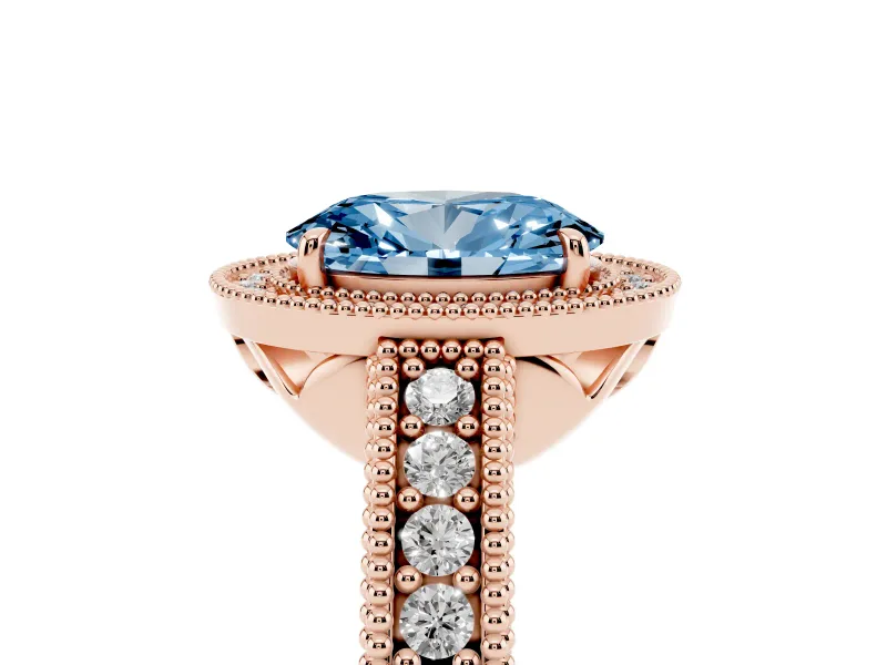 Fancy Blue Oval Cut Diamond Halo Ring Set in Rose gold with Round Accent Halo, Pavé Band and Prong Setting