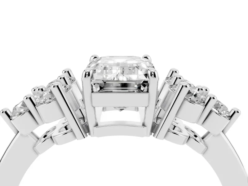 Emerald Cut Cluster Side Stone Engagement Ring Setting | Plain Band | Platinum