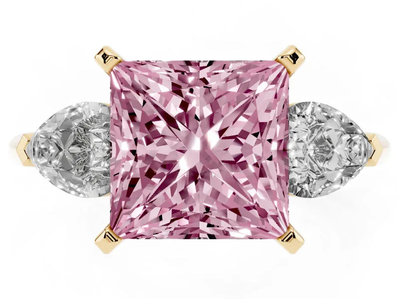 Fancy Pink Three-Stone Princess Cut Diamond Ring Set in Yellow gold with Pear Side Stones and Prong Setting