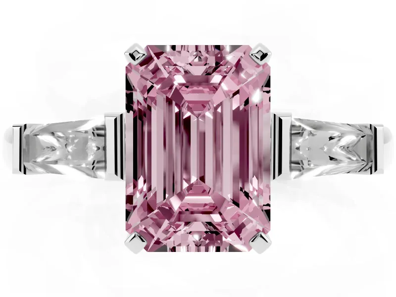 Fancy Pink Emerald Cut Diamond Solitaire Ring Set in Platinum with Tapered Baguette Side Stones and Prong Setting