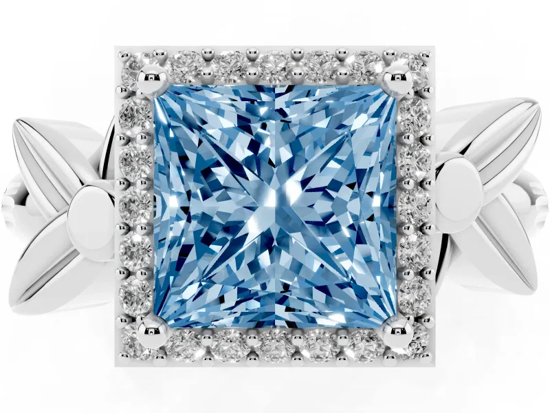 Princess Cut Floral Halo Engagement Ring Setting for a Fancy Blue Lab-Grown Diamond | Platinum