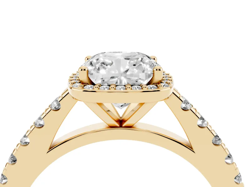 Cushion Cut Halo Pavé Engagement Ring Setting | Single Row Shoulders | Yellow Gold