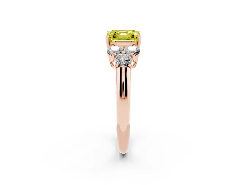 Fancy Yellow Asscher Cut Diamond Cluster Ring Set in Rose gold with Round Accent Stones and Prong Setting on a Plain Band