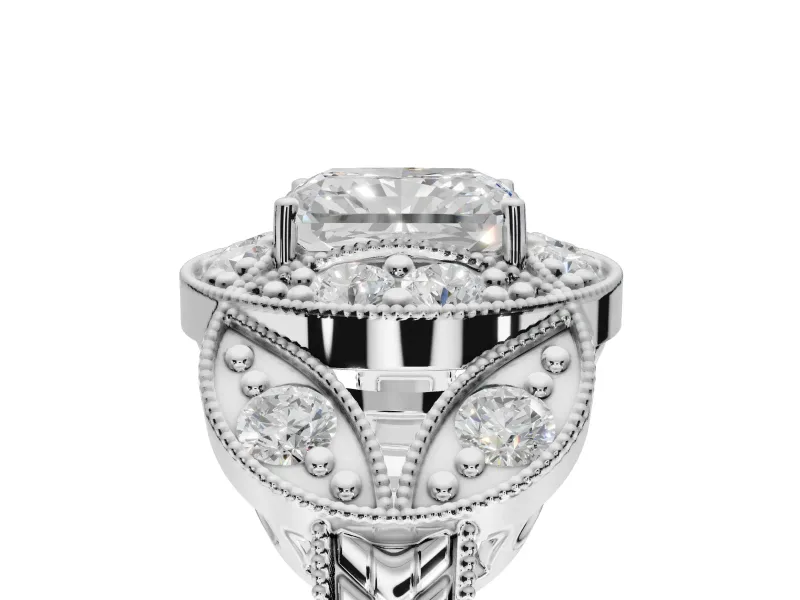 Radiant Cut Vintage Floral Halo Engagement Ring Setting | Engraved Milgrain Band | Sterling Silver