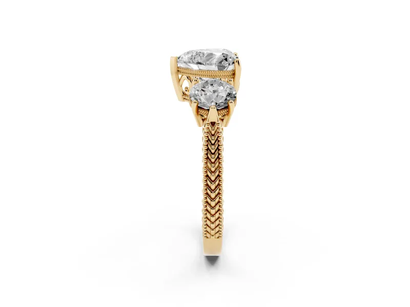 Heart-Shaped Vintage Three Stone Engagement Ring Setting | Milgrain Band | Yellow Gold