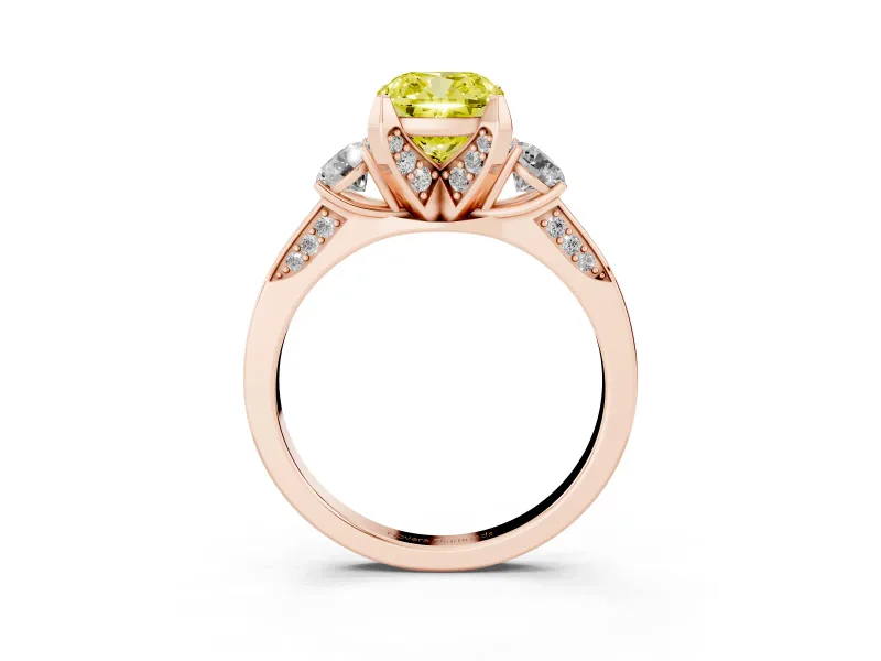 Cushion Cut Hidden Halo Three Stone Engagement Ring Setting for a Fancy Yellow Lab-Grown Diamond | Rose Gold