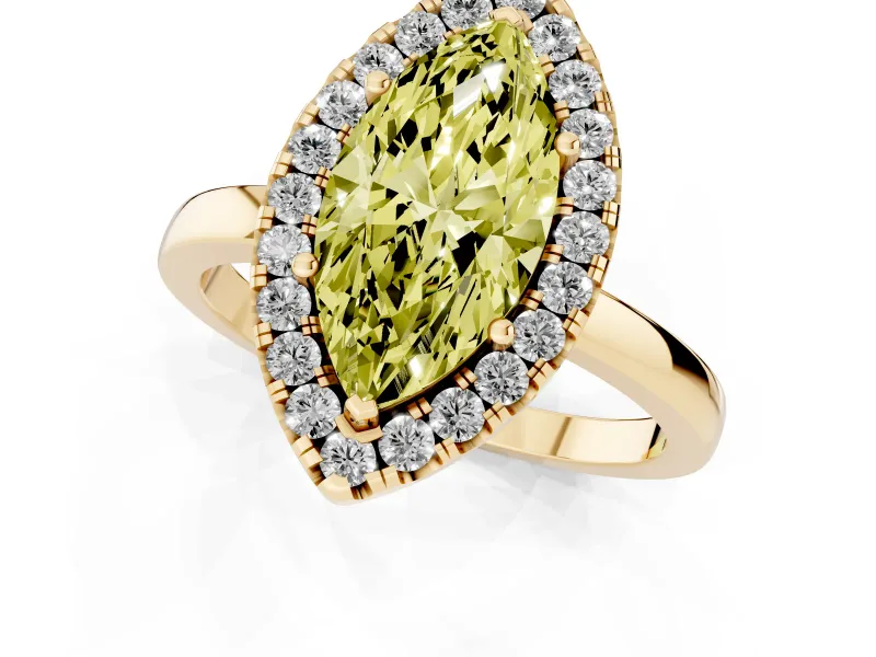 Fancy Yellow Marquise Cut Diamond Halo Solitaire Ring Set in Yellow gold with Pavé Band and Prong Setting