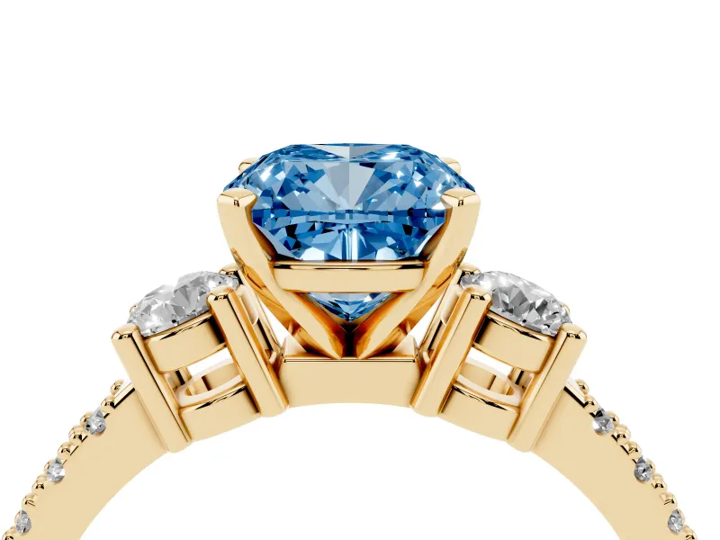 Cushion Cut Three Stone Engagement Ring Setting for a Fancy Blue Lab-Grown Diamond | Pavé Band | Yellow Gold