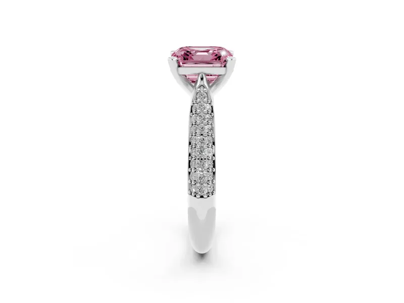 Fancy Pink Asscher Cut Diamond Solitaire Engagement Ring Set in Silver with Multi-Row Round Pavé Band and Prong Setting