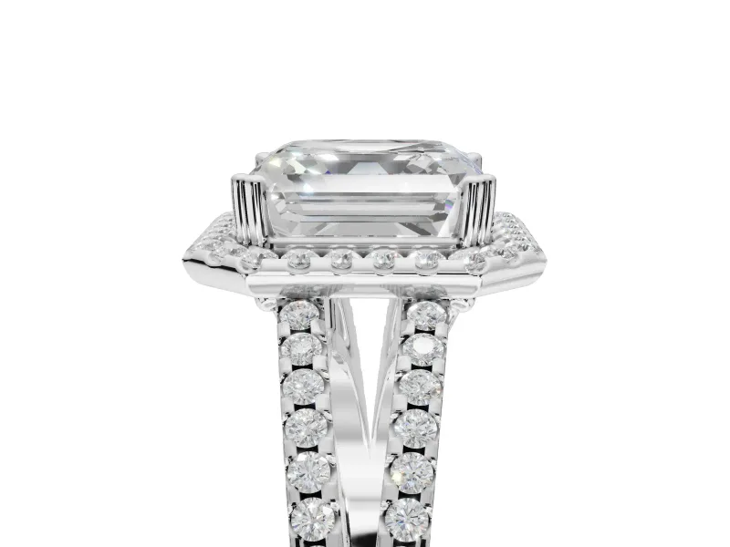 Asscher Cut Halo Split Shank Engagement Ring Setting | Pavé Shoulders | White Gold