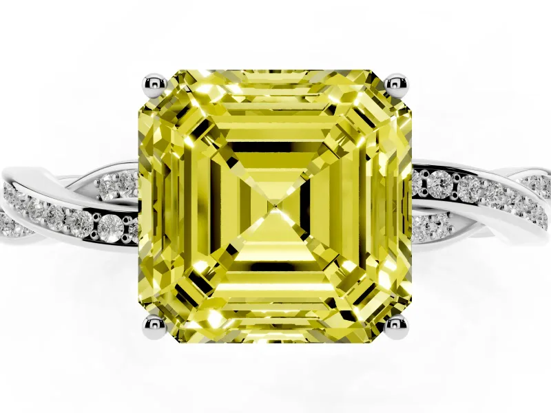 Fancy Yellow Asscher Cut Diamond Solitaire Twisted Pavé Ring Set in Platinum with Prong Setting