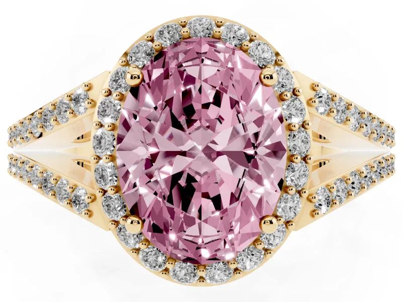 Oval Split Shank Halo Engagement Ring Setting for a Fancy Pink Lab-Grown Diamond | Yellow Gold