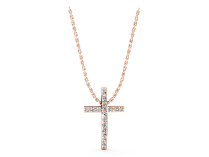 Round Lab-Grown Diamond Pavé Cross Pendant Necklace | Straight Beams | Rose Gold